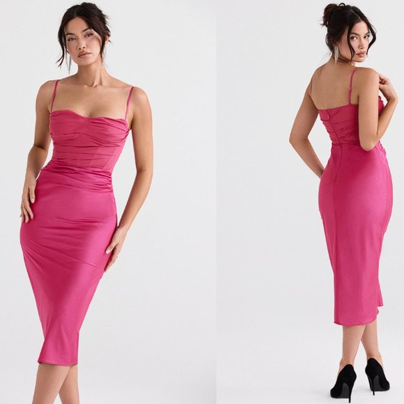 House of CB 'Teia' Hot Pink Draped Corset Midi Dress NWOT - Picture 4 of 11